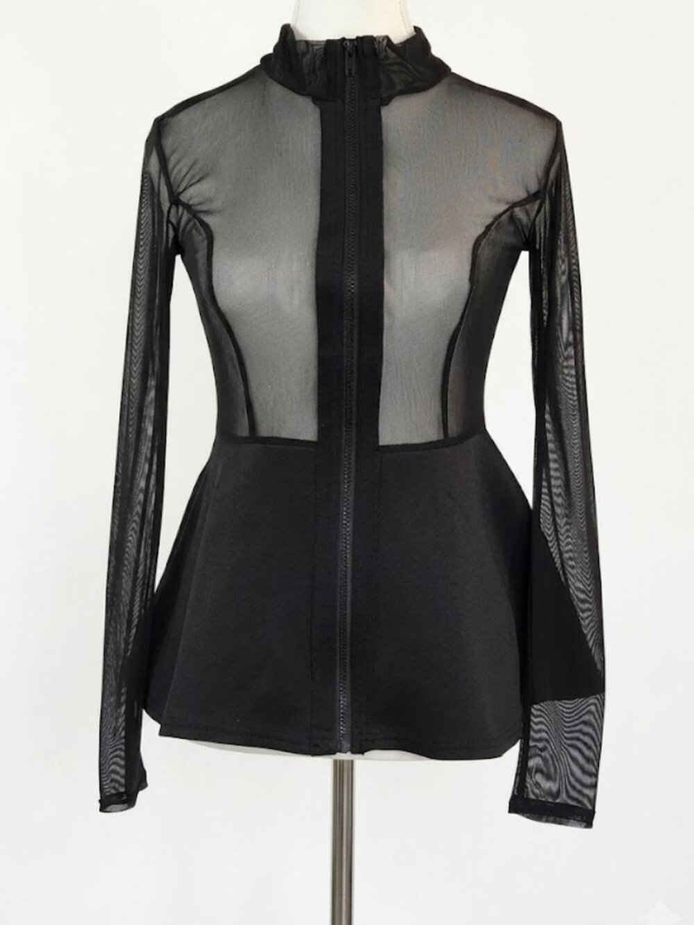 Revamped Size Small Black Mesh Zip Front Sheer Long Sleeves Flared Peplum Waist